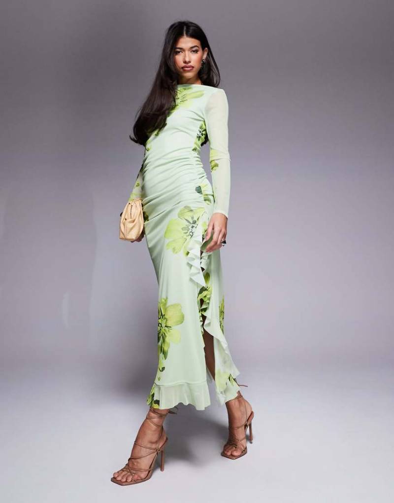 ASOS DESIGN - Langärmliges A-Linien-Maxikleid in Grün geblümt aus Netzstoff mit Rüschen-Bunt von ASOS DESIGN