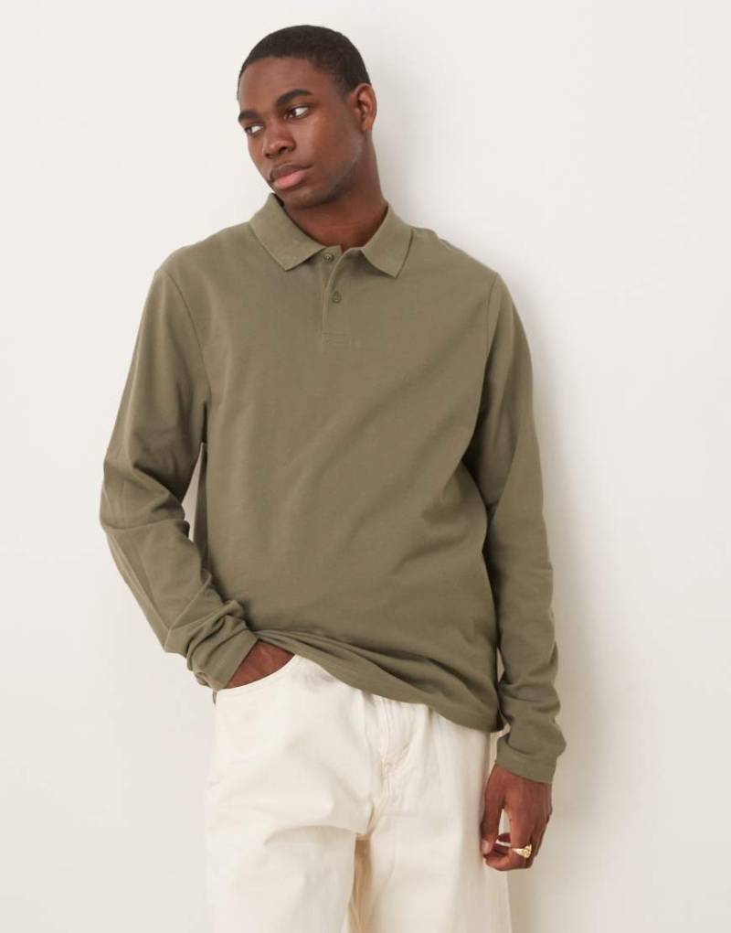 ASOS DESIGN - Langärmliges Basic-Polohemd aus Pikee in Khaki-Grün von ASOS DESIGN