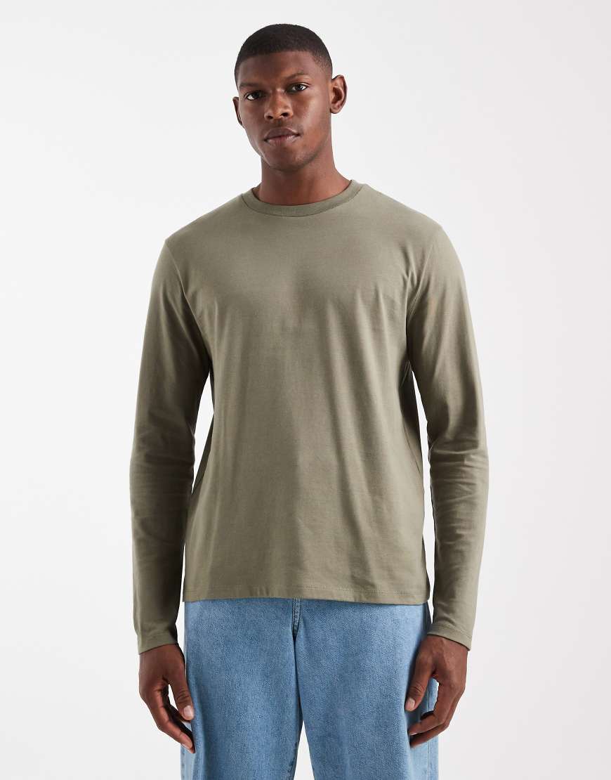 ASOS DESIGN - Langärmliges Basic-T-Shirt in Khaki mit Rundhalsausschnitt-Grün von ASOS DESIGN