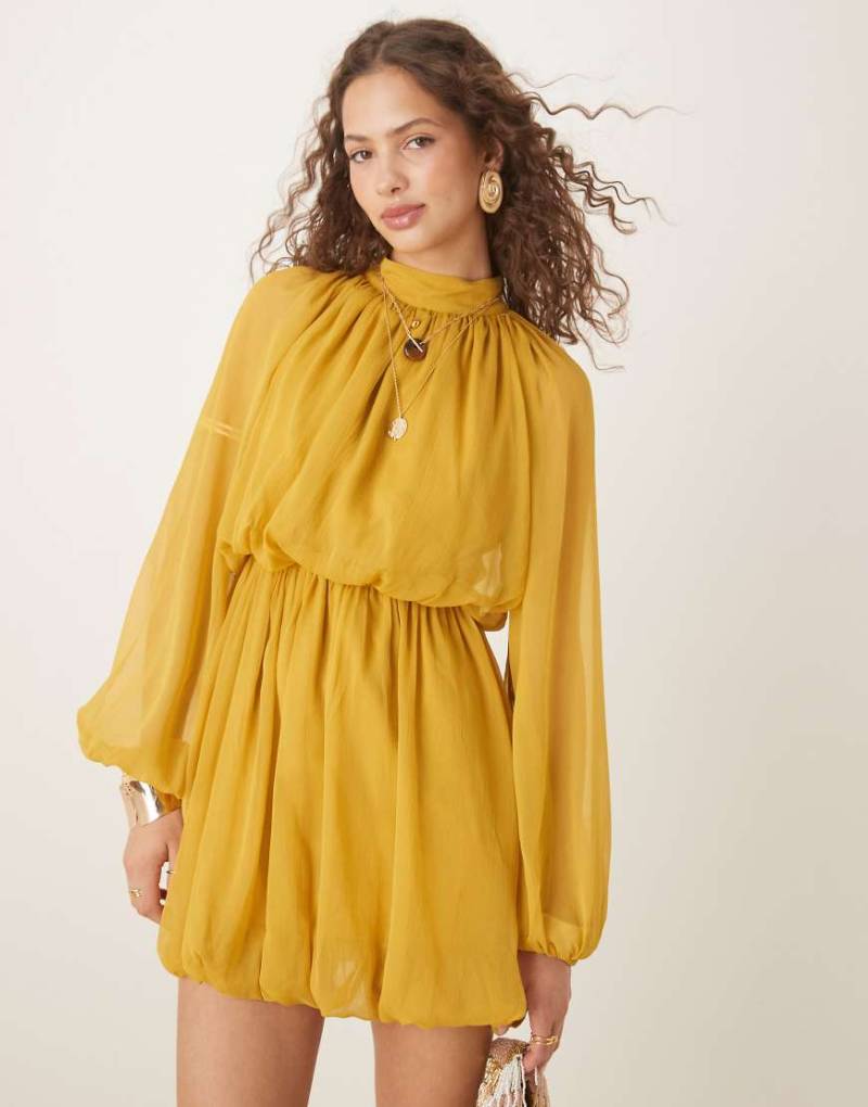ASOS DESIGN - Langärmliges Blouson-Minikleid in Ocker mit Rock-Gelb von ASOS DESIGN