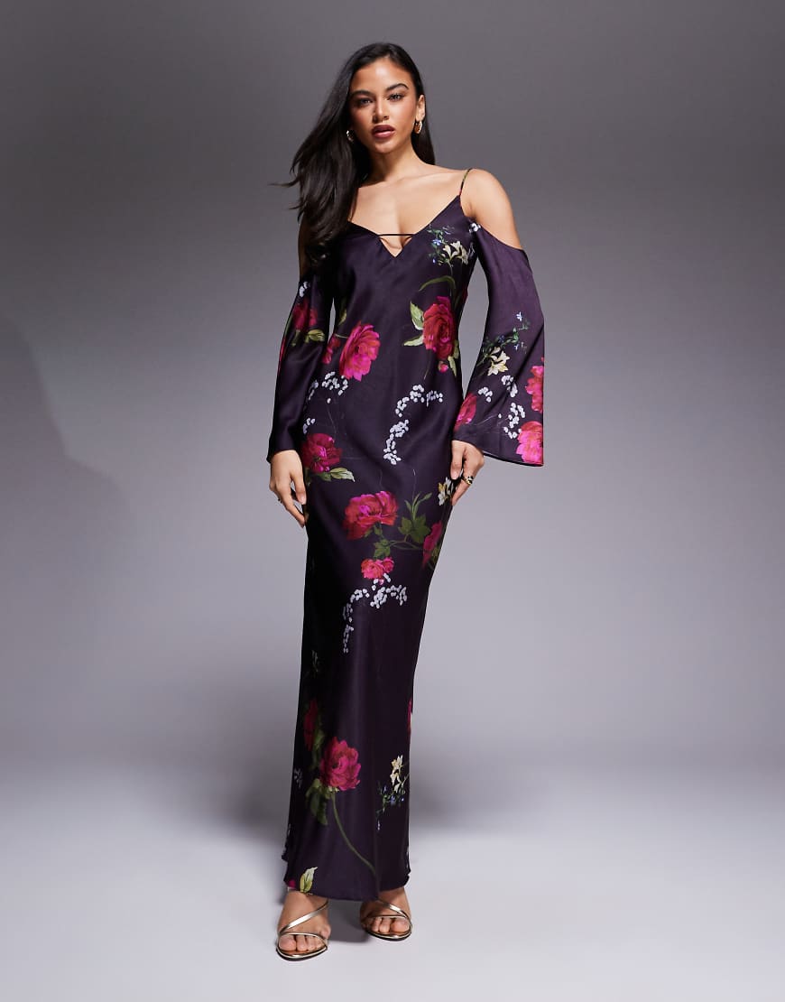 ASOS DESIGN - Langärmliges Camisole-Midikleid aus Satin in Lila mit Blumenmuster und abfallenden Schultern-Bunt von ASOS DESIGN