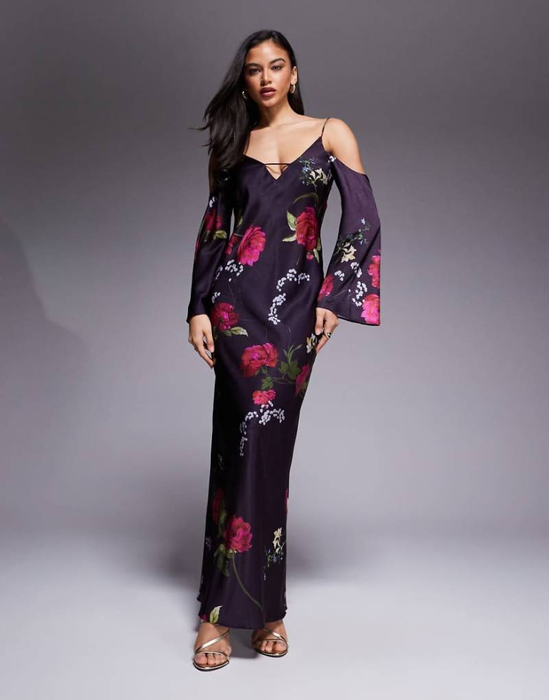 ASOS DESIGN - Langärmliges Camisole-Midikleid aus Satin in Lila mit Blumenmuster und abfallenden Schultern-Bunt von ASOS DESIGN