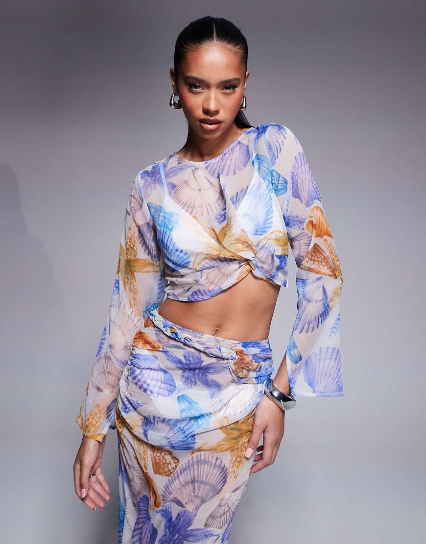 ASOS DESIGN - Langärmliges Cropped Oberteil aus Chiffon mit Muschelmuster, Kombiteil-Bunt ASOS DESIGN - Langärmliges Cropped Oberteil aus Chiffon mit Muschelmuster, Kombiteil-Bunt von ASOS DESIGN