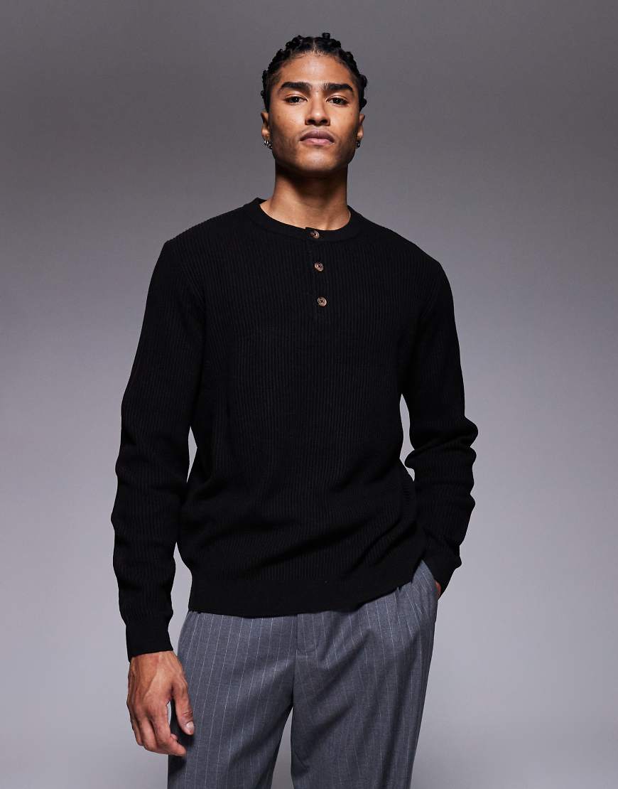 ASOS DESIGN - Langärmliges Henley-Shirt aus Rippstrick in Schwarz von ASOS DESIGN