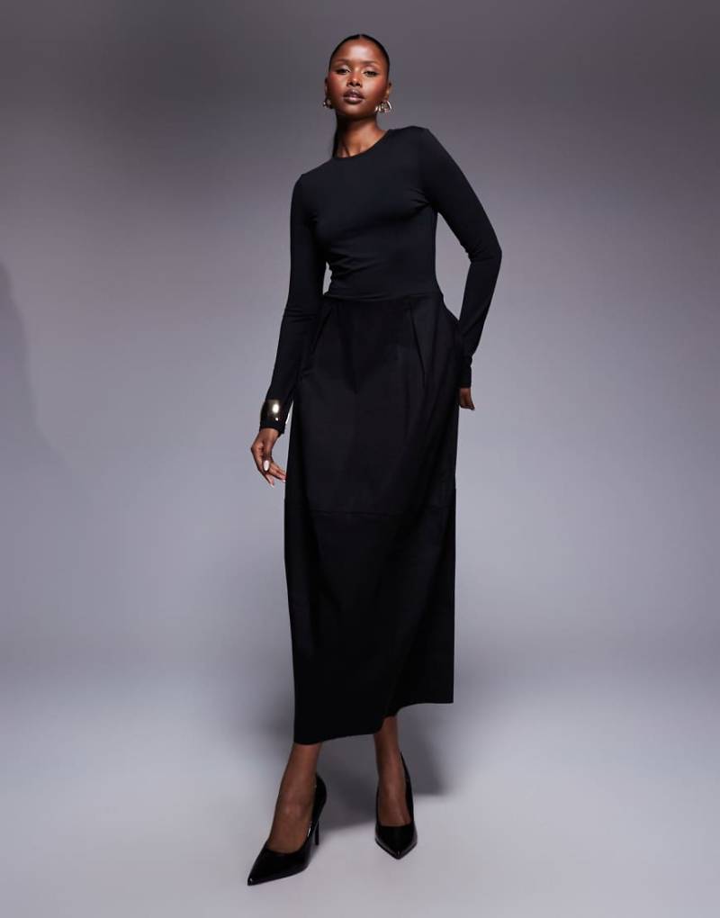 ASOS DESIGN - Langärmliges Hybrid-Midikleid in Schwarz mit Kokon-Rock von ASOS DESIGN