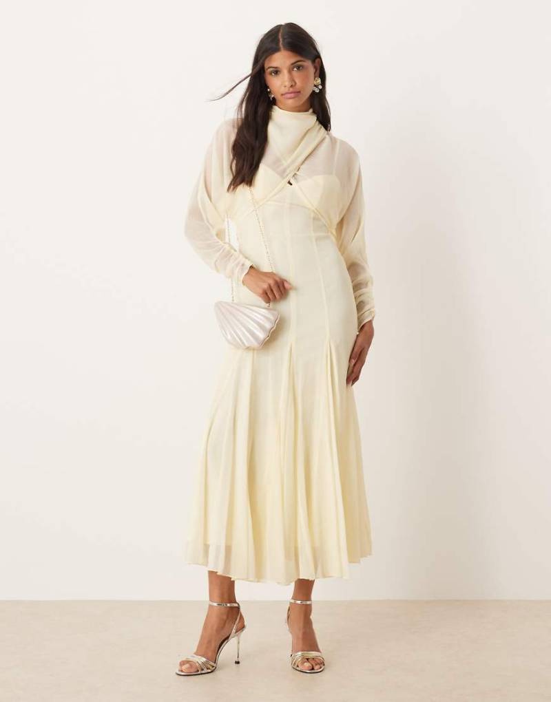 ASOS DESIGN - Langärmliges Midikleid in Buttermilchgelb mit Wickeloberteil, weitem Rock mit Godet-Details und tiefem Rückenausschnitt von ASOS DESIGN