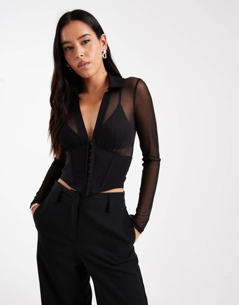ASOS DESIGN - Langärmliges Korsett-Oberteil in Schwarz aus Netzstoff mit Haken- und Ösendetails ASOS DESIGN - Langärmliges Korsett-Oberteil in Schwarz aus Netzstoff mit Haken- und Ösendetails von ASOS DESIGN