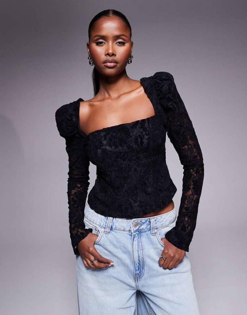 ASOS DESIGN - Langärmliges Korsettoberteil aus Spitze in Schwarz von ASOS DESIGN