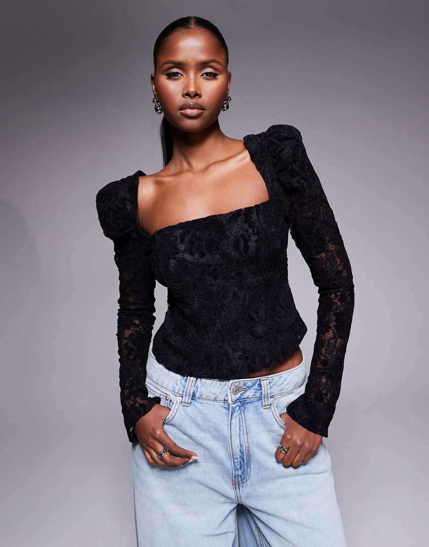 ASOS DESIGN - Langärmliges Korsettoberteil aus Spitze in Schwarz von ASOS DESIGN