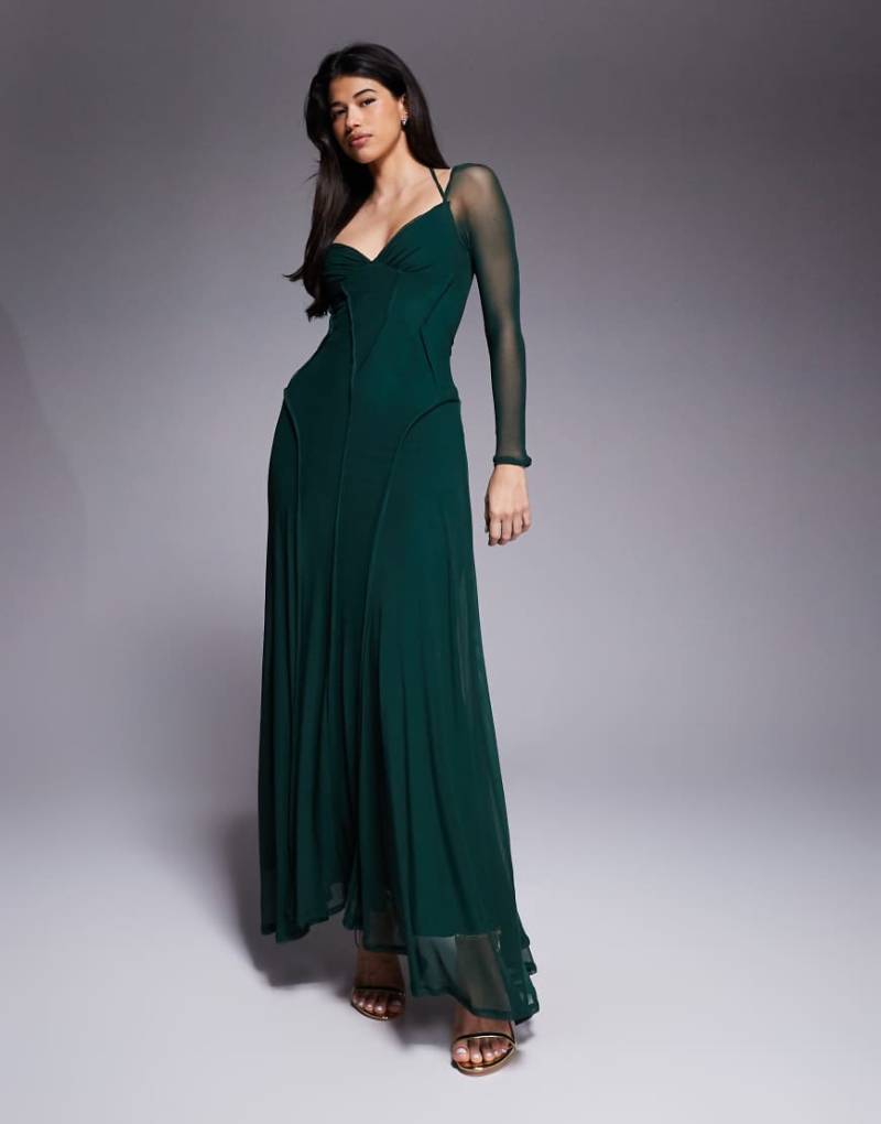 ASOS DESIGN - Langärmliges Maxikleid aus Mesh in Tannengrün mit Ziernähten und weitem Rock von ASOS DESIGN