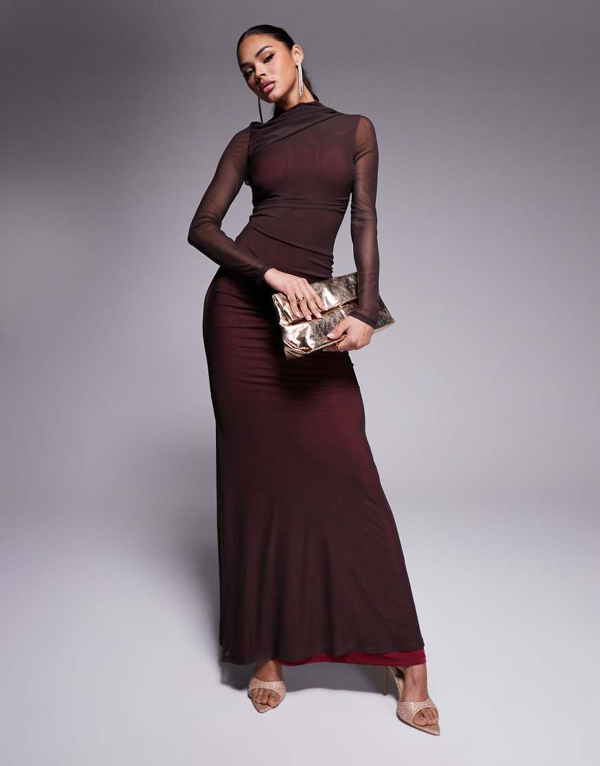 ASOS DESIGN - Langärmliges Maxikleid aus Netzstoff in Schokobraun mit Raffung und Kontrastfutter-Schwarz ASOS DESIGN - Langärmliges Maxikleid aus Netzstoff in Schokobraun mit Raffung und Kontrastfutter-Schwarz von ASOS DESIGN