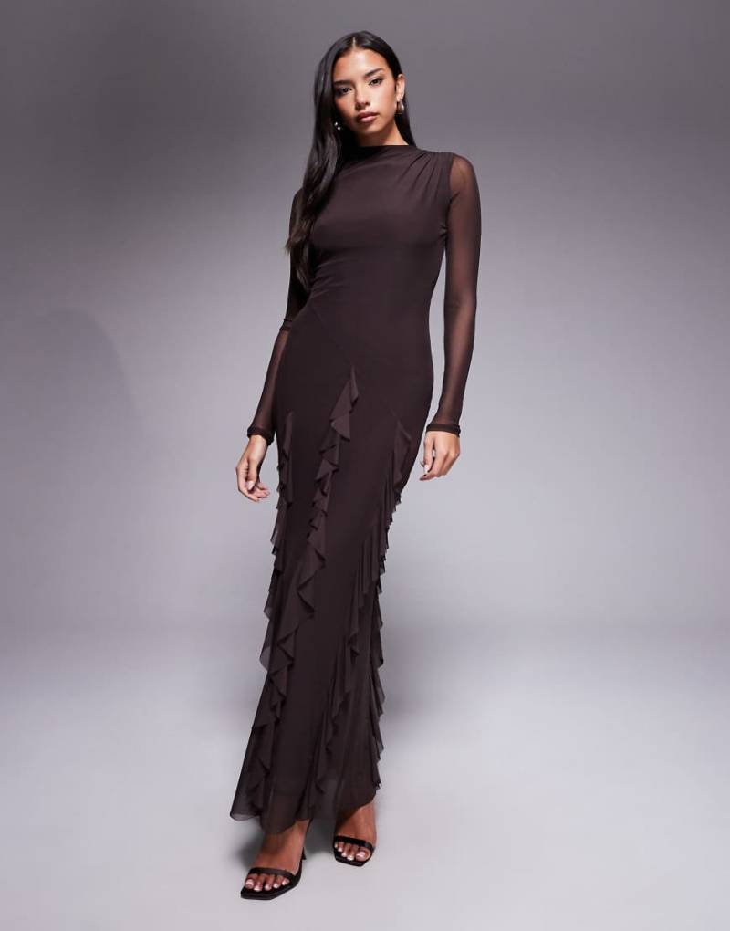 ASOS DESIGN - Langärmliges Maxikleid aus Netzstoff in Schokoladenbraun mit Wasserfall-Rüschenrockdetail-Brown von ASOS DESIGN