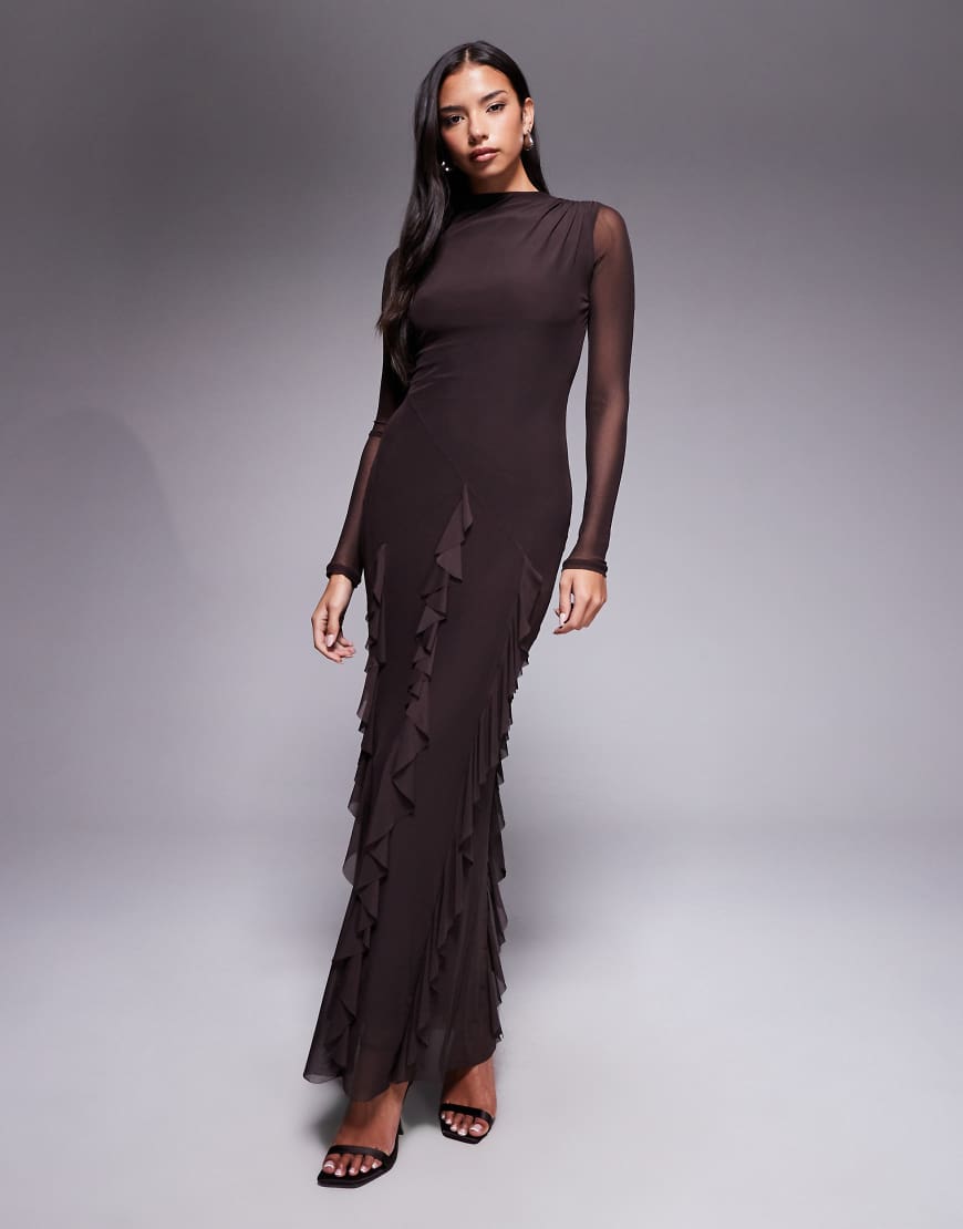ASOS DESIGN - Langärmliges Maxikleid aus Netzstoff in Schokoladenbraun mit Wasserfall-Rüschenrockdetail-Brown von ASOS DESIGN