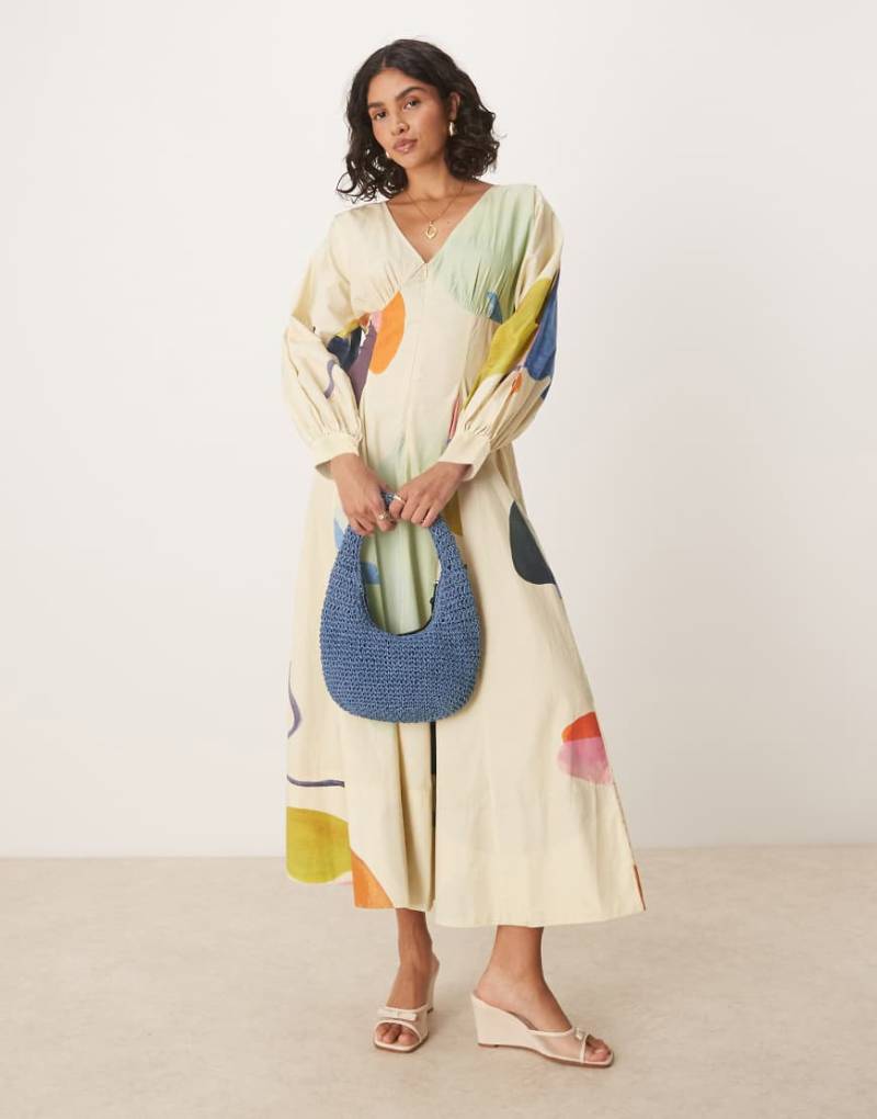 ASOS DESIGN - Langärmliges Maxikleid aus Popeline mit V-Ausschnitt und Print-Bunt von ASOS DESIGN
