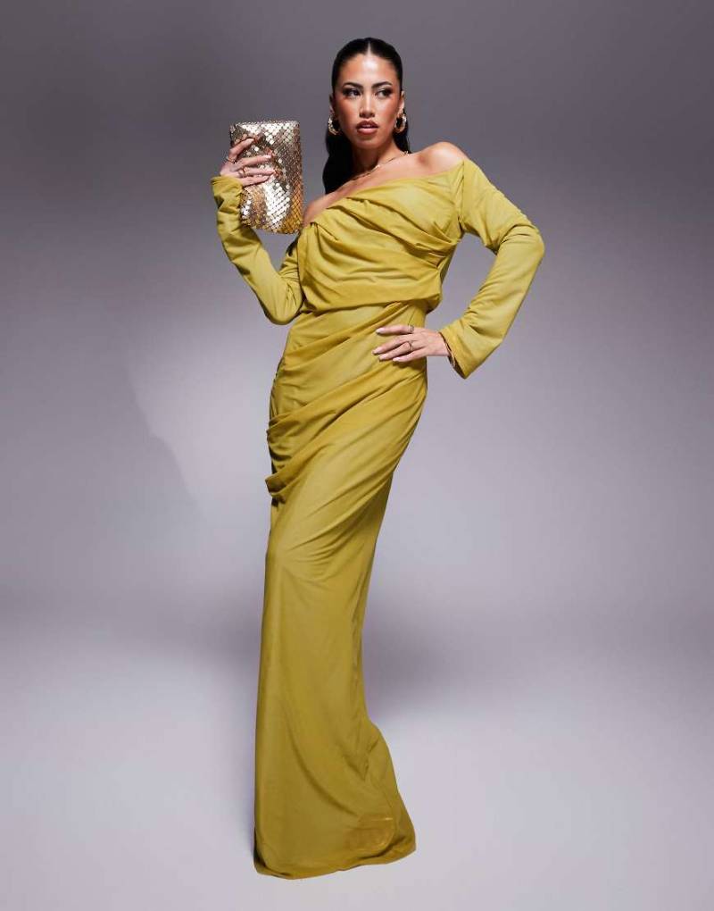 ASOS DESIGN - Langärmliges Maxikleid aus Stretch-Chiffon in Hellgrün mit Carmen-Ausschnitt von ASOS DESIGN