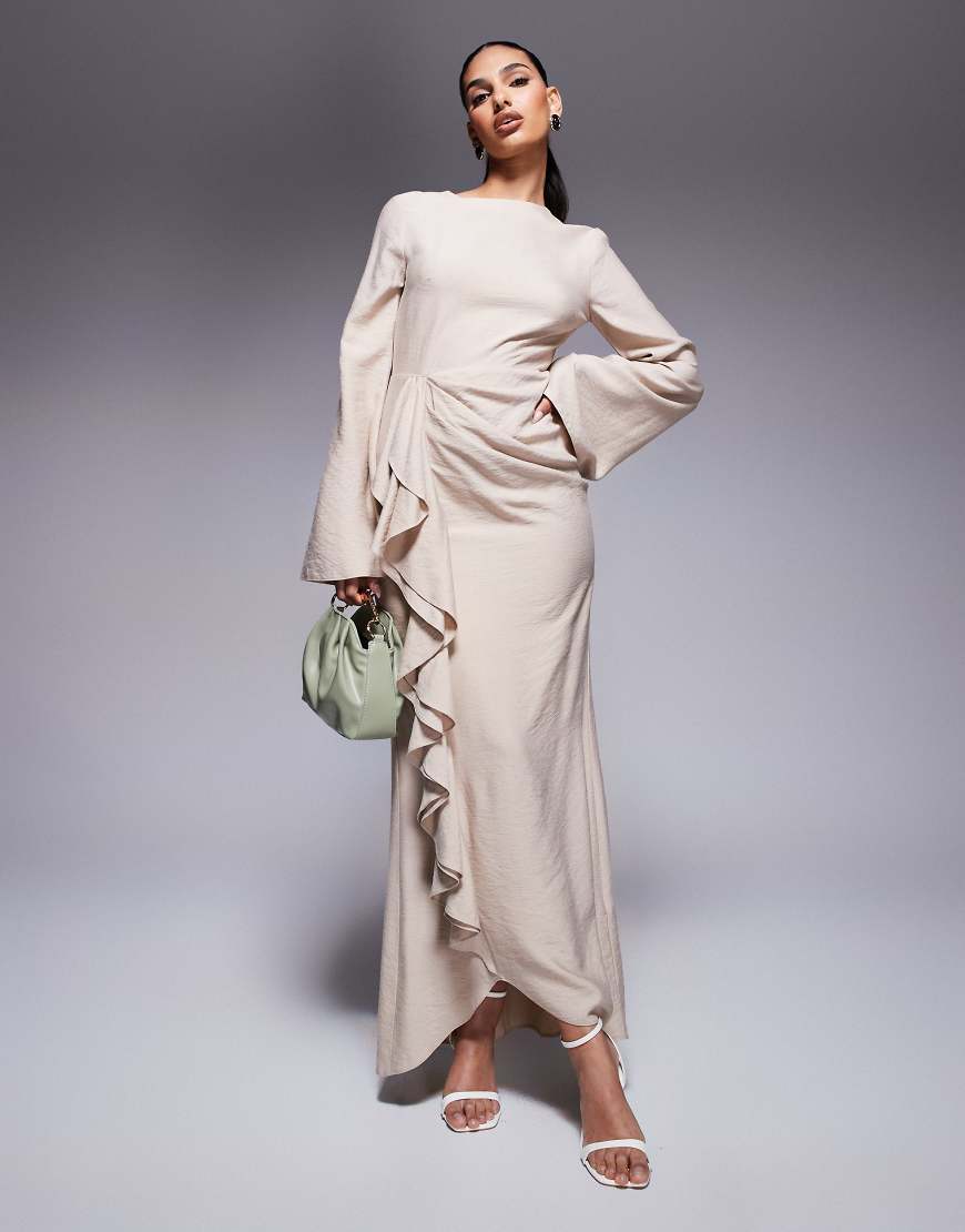 ASOS DESIGN - Langärmliges Maxikleid im Leinenlook in Steinbeige mit Rüschenrock-Neutral von ASOS DESIGN