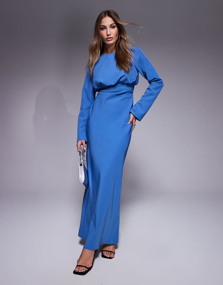 ASOS DESIGN - Langärmliges Maxikleid in Blau mit Struktur und gerafftem Dekolleté von ASOS DESIGN