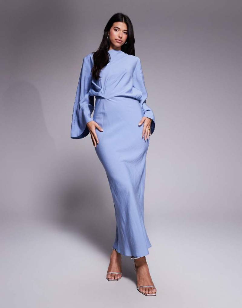 ASOS DESIGN - Langärmliges Maxikleid in Blau mit asymmetrischen Schnitt und Zierfalten an der Taille von ASOS DESIGN
