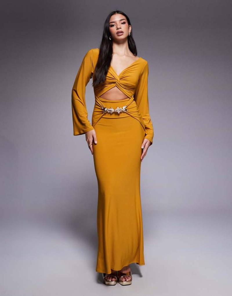 ASOS DESIGN - Langärmliges Maxikleid in Gelb mit drapierter Vorderseite und Goldfischbesatz von ASOS DESIGN