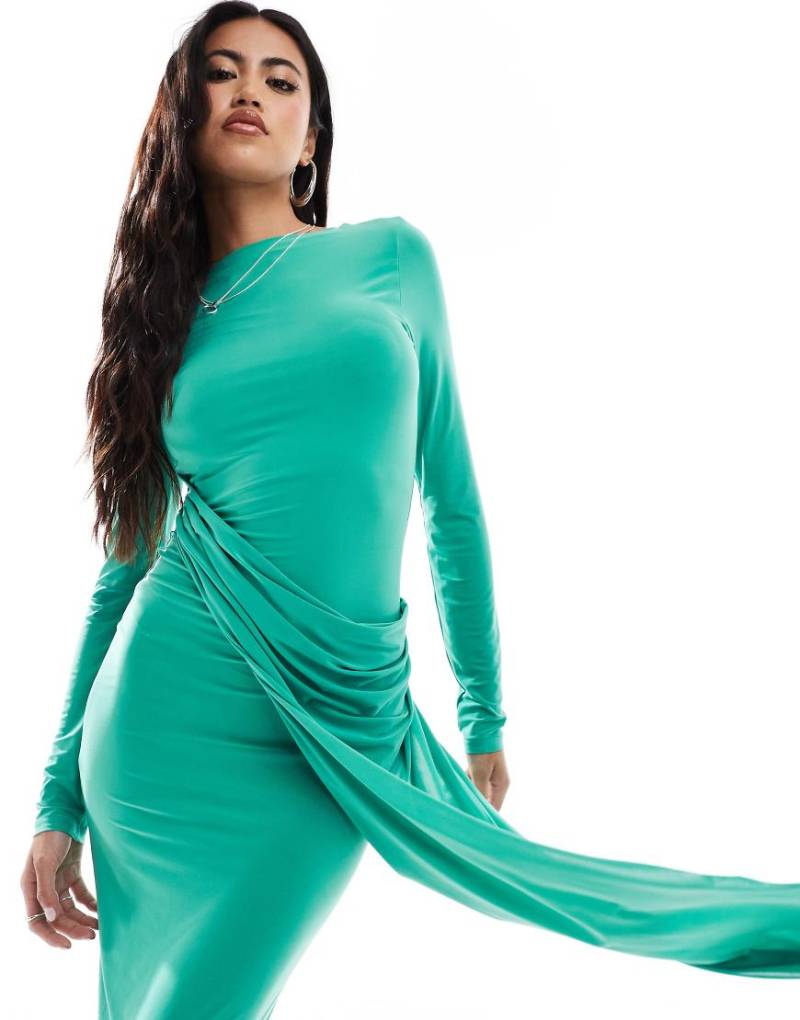 ASOS DESIGN - Langärmliges Maxikleid in Grün mit Drapierung von ASOS DESIGN