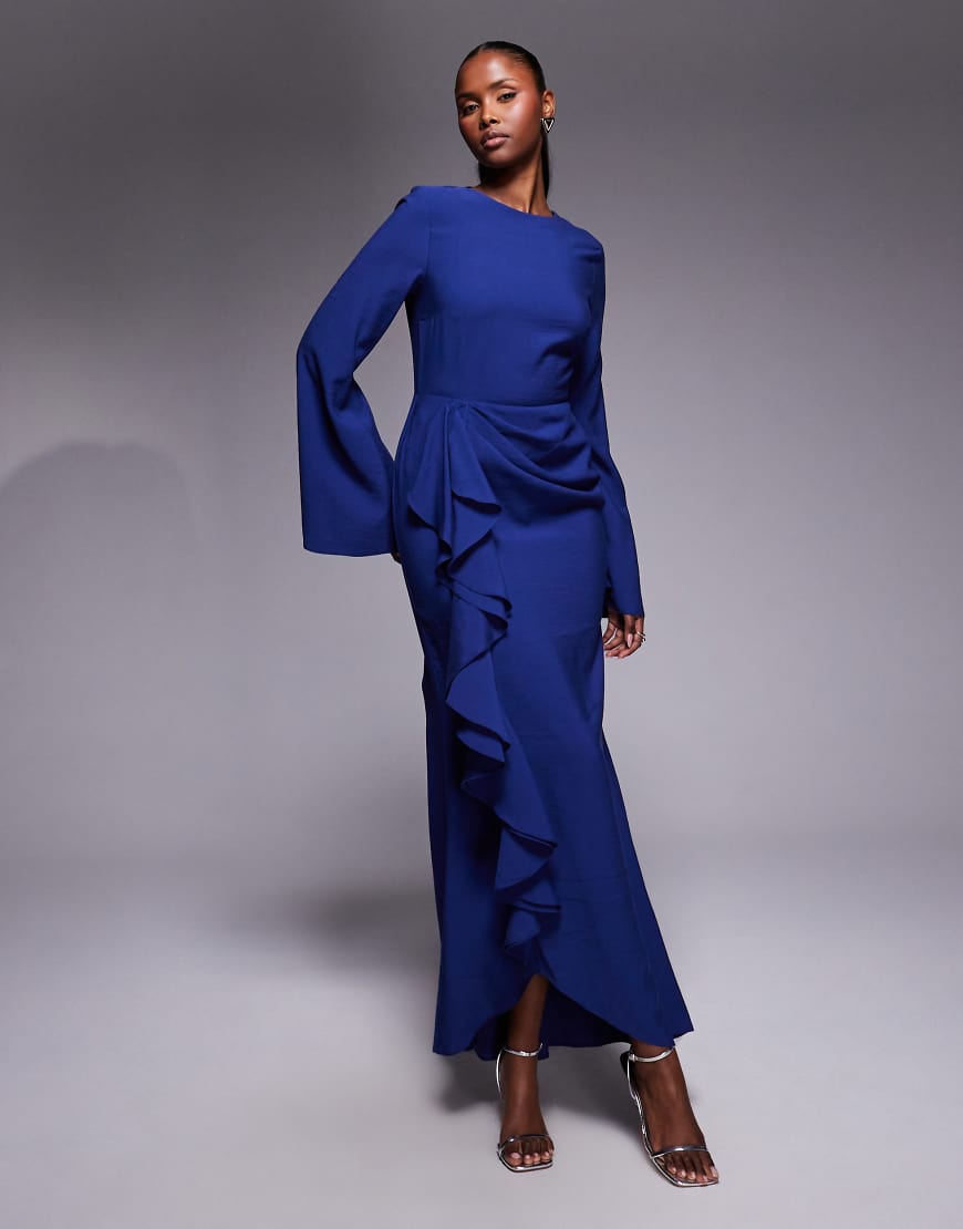 ASOS DESIGN - Langärmliges Maxikleid in Marineblau mit Rüschenrock von ASOS DESIGN