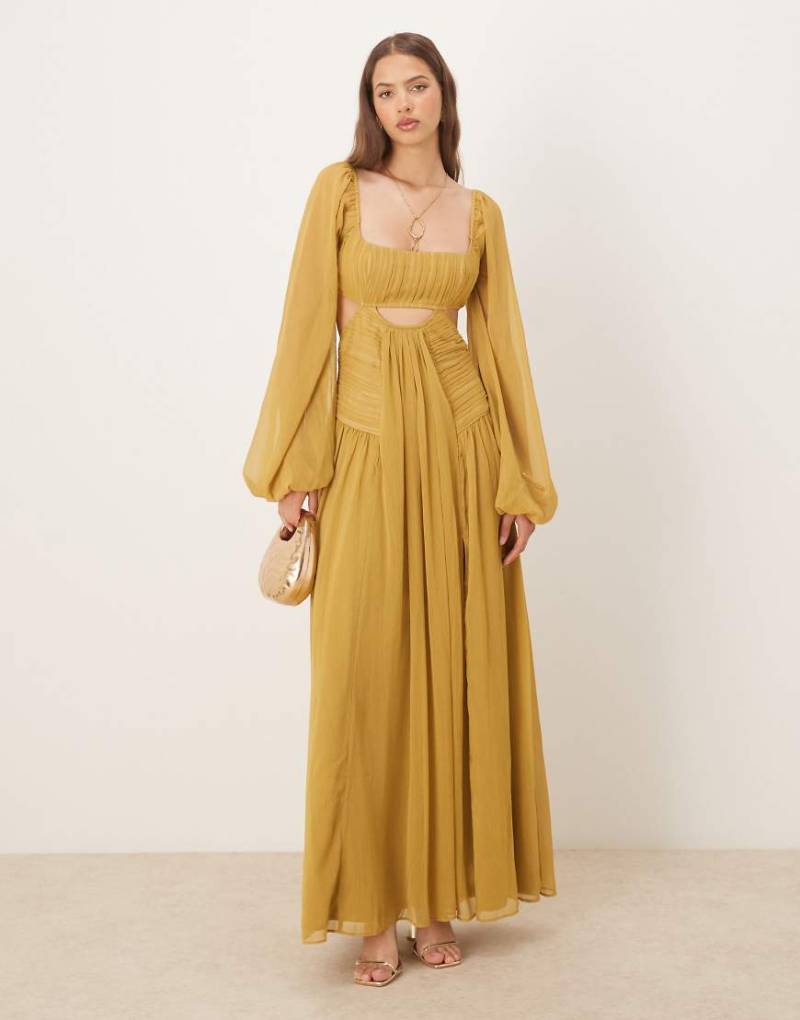 ASOS DESIGN - Langärmliges Maxikleid in Olivgrün mit Cut-out und gerafftem Rock von ASOS DESIGN