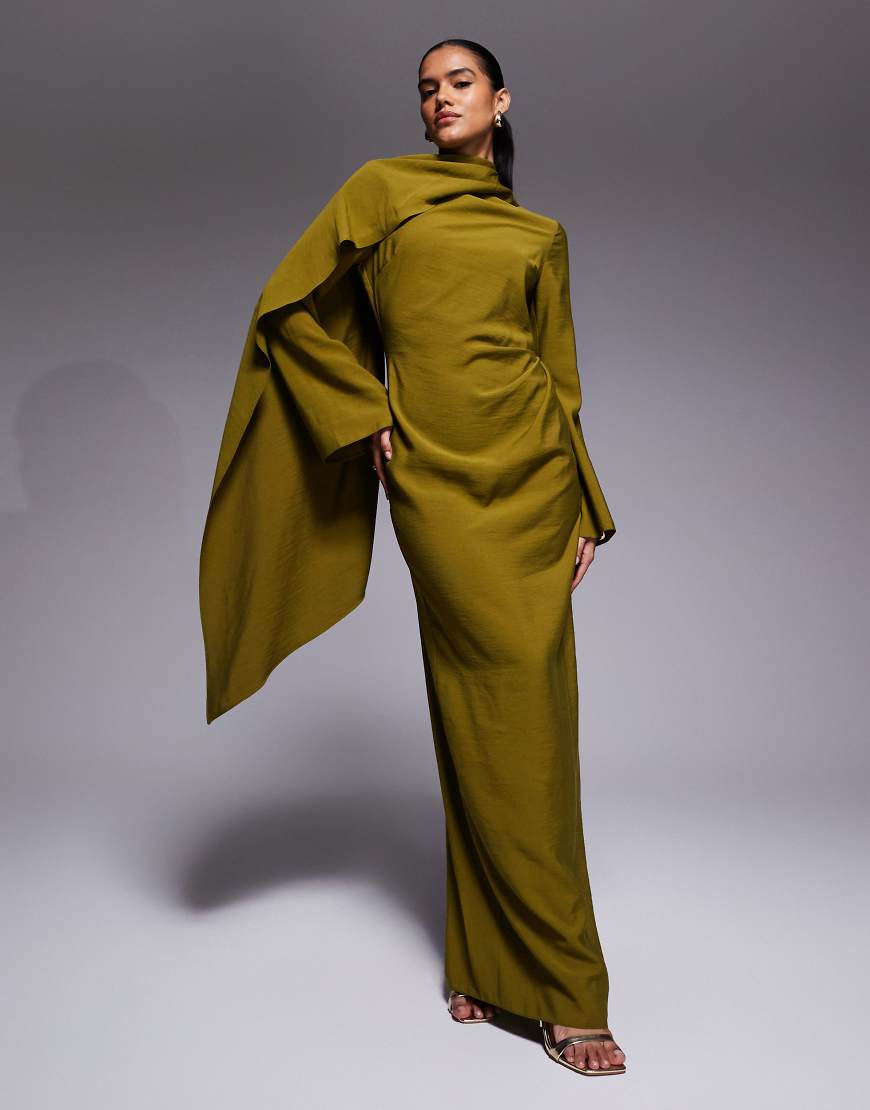 ASOS DESIGN - Langärmliges Maxikleid in Olivgrün mit Schaldetail von ASOS DESIGN
