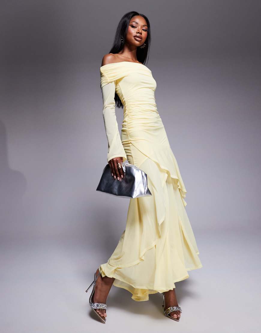 ASOS DESIGN - Langärmliges Maxikleid in Pastellgelb aus Stretch-Chiffon mit Carmen-Ausschnitt und Rüschensaum ASOS DESIGN - Langärmliges Maxikleid in Pastellgelb aus Stretch-Chiffon mit Carmen-Ausschnitt und Rüschensaum von ASOS DESIGN
