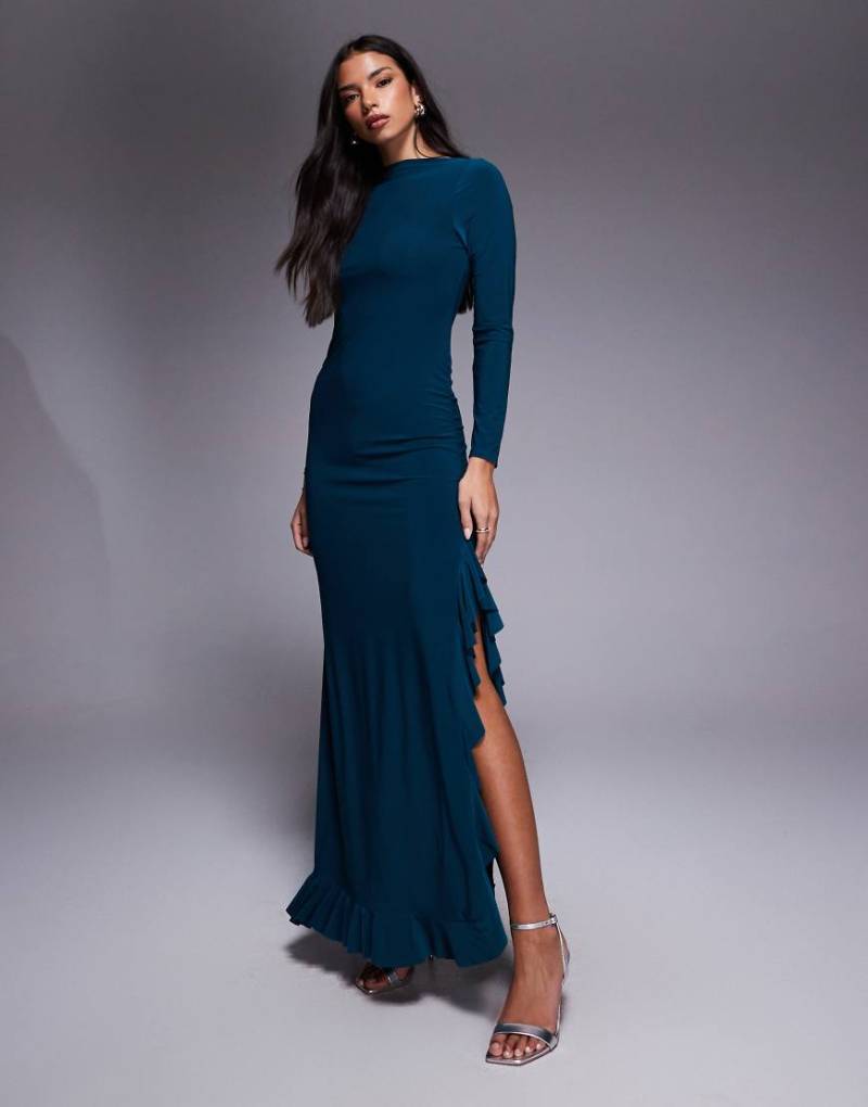 ASOS DESIGN - Langärmliges Maxikleid in Petrol mit A-Linien-Schnitt und Rüschendetails-Blau von ASOS DESIGN