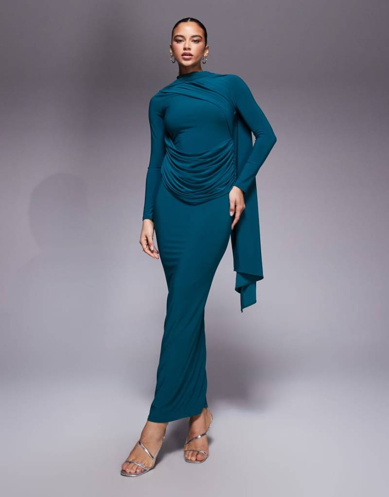 ASOS DESIGN - Langärmliges Maxikleid in Petrol mit Drapierung-Blau von ASOS DESIGN