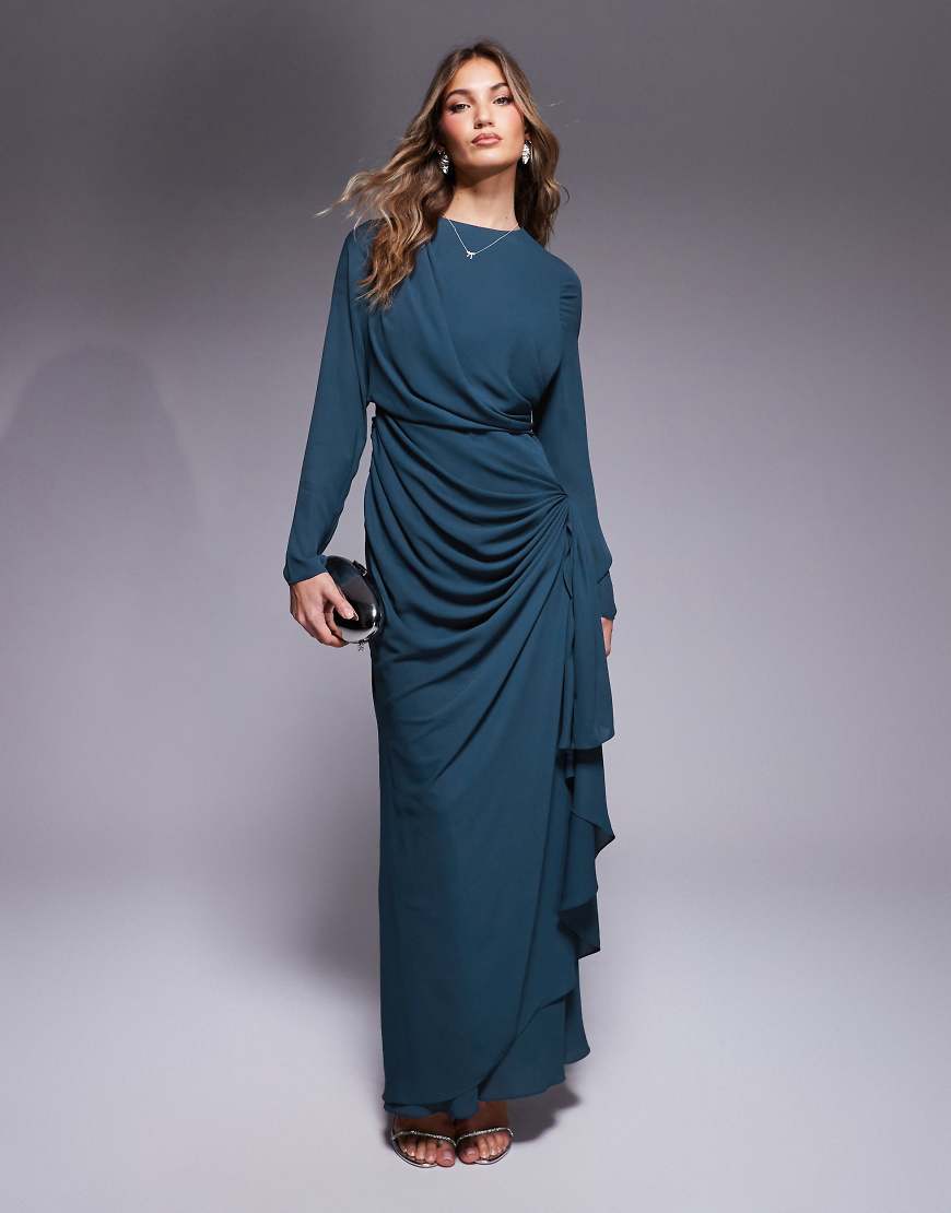 ASOS DESIGN - Langärmliges Maxikleid in Petrol mit drapiertem Rock-Blau von ASOS DESIGN