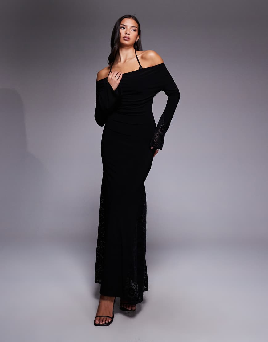 ASOS DESIGN - Langärmliges Maxikleid in Schwarz mit BH-Detail und Spitzeneinsätzen-Rot von ASOS DESIGN