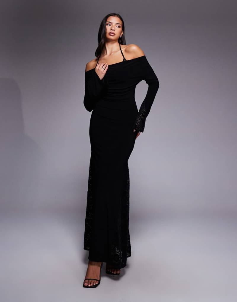 ASOS DESIGN - Langärmliges Maxikleid in Schwarz mit BH-Detail und Spitzeneinsätzen-Rot von ASOS DESIGN