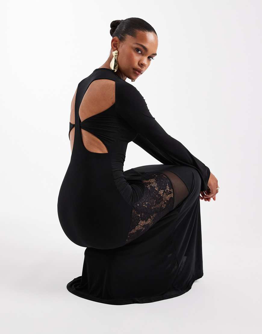 ASOS DESIGN - Langärmliges Maxikleid in Schwarz mit Cut-outs und Spitzen-Details von ASOS DESIGN