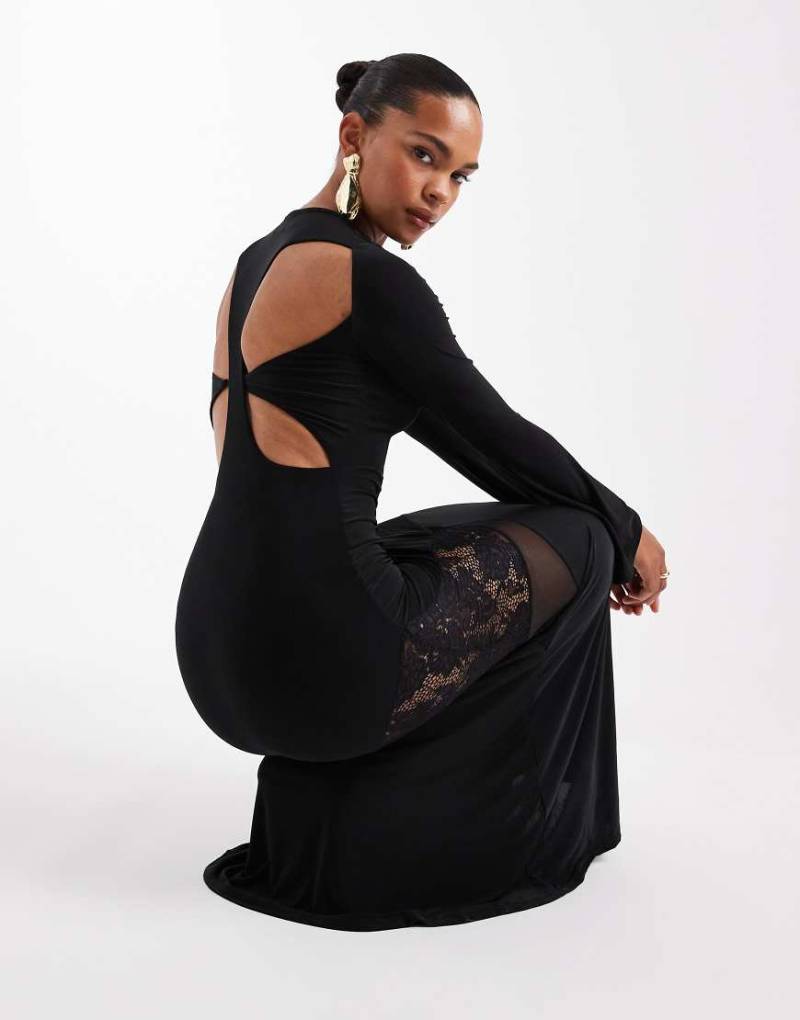 ASOS DESIGN - Langärmliges Maxikleid in Schwarz mit Cut-outs und Spitzen-Details von ASOS DESIGN