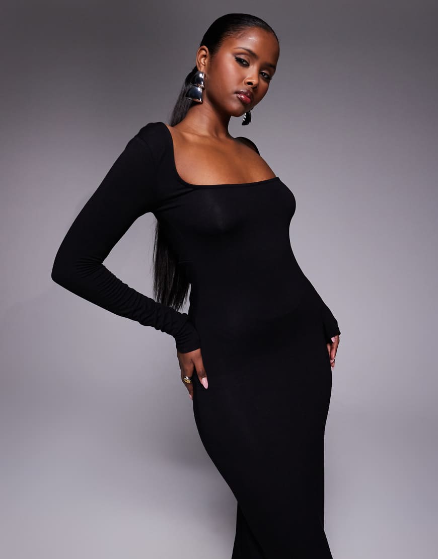 ASOS DESIGN - Langärmliges Maxikleid in Schwarz mit geknoteter Rückseite und eckigem Ausschnitt von ASOS DESIGN