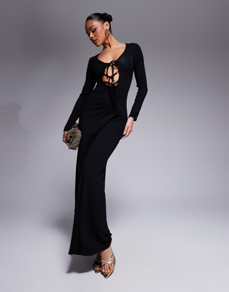 ASOS DESIGN - Langärmliges Maxikleid in Schwarz mit weitem Saum und kleinen Bindedetails von ASOS DESIGN