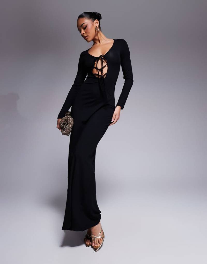 ASOS DESIGN - Langärmliges Maxikleid in Schwarz mit weitem Saum und kleinen Bindedetails von ASOS DESIGN