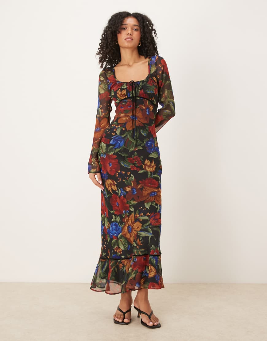 ASOS DESIGN - Langärmliges Maxikleid mit Blumenmuster, geraffter Brustpartie und U-Ausschnitt-Bunt ASOS DESIGN - Langärmliges Maxikleid mit Blumenmuster, geraffter Brustpartie und U-Ausschnitt-Bunt von ASOS DESIGN