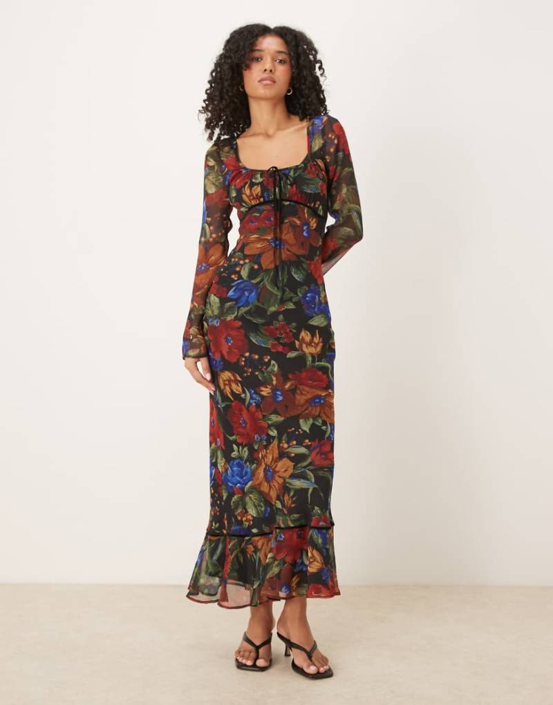 ASOS DESIGN - Langärmliges Maxikleid mit Blumenmuster, geraffter Brustpartie und U-Ausschnitt-Bunt von ASOS DESIGN