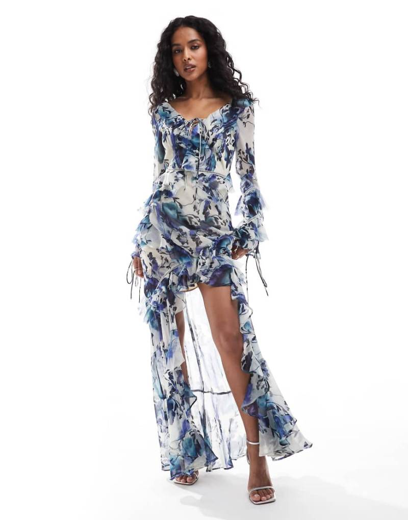 ASOS DESIGN - Langärmliges Maxikleid mit Rüschen, Spitzeneinsatz und rosafarbenem Blumenmuster-Bunt von ASOS DESIGN