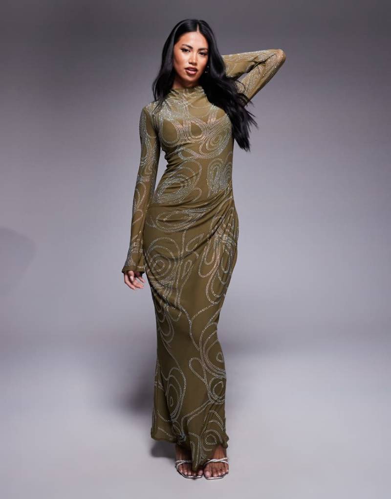 ASOS DESIGN - Langärmliges Maxikleid mit verziertem Artwork, Hotfix-Details und gerafftem Rockteil in Dunkeloliv-Grün von ASOS DESIGN