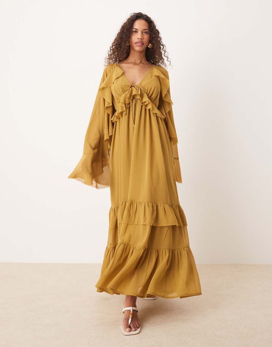 ASOS DESIGN - Langärmliges Midaxi-Kleid in Olivgrün mit V-Ausschnitt und Bindedetails von ASOS DESIGN