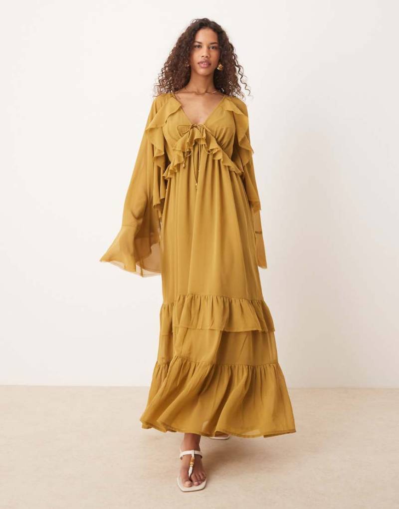 ASOS DESIGN - Langärmliges Midaxi-Kleid in Olivgrün mit V-Ausschnitt und Bindedetails von ASOS DESIGN