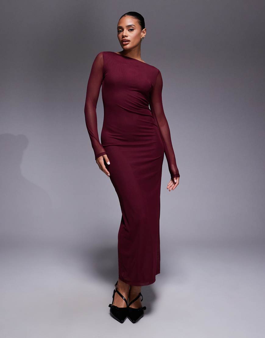 ASOS DESIGN - Langärmliges Midikleid aus Netzstoff in Burgunderrot von ASOS DESIGN