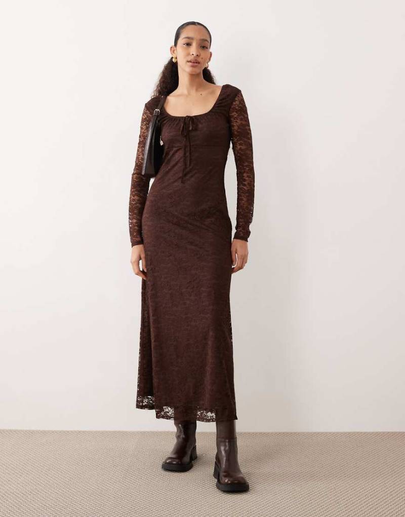 ASOS DESIGN - Langärmliges Midikleid in Schokobraun mit drapiertem Rock-Brown von ASOS DESIGN