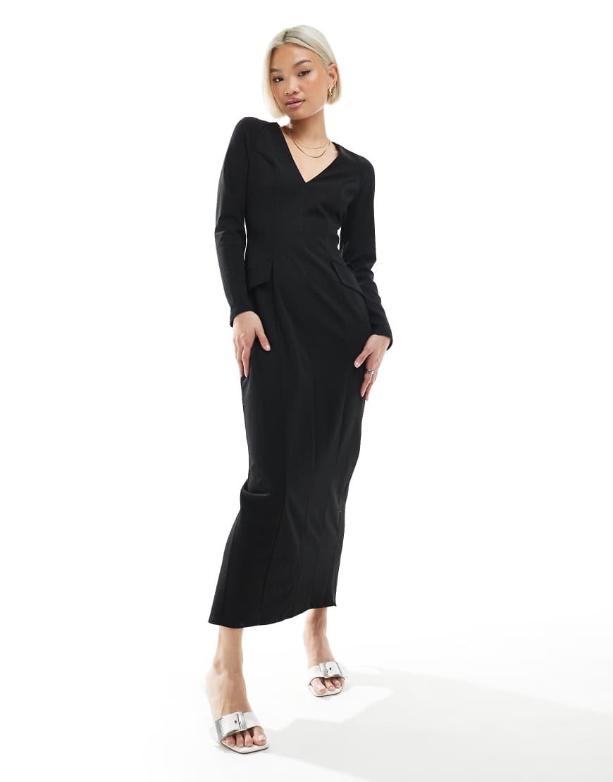 ASOS DESIGN - Langärmliges Midikleid in Schwarz mit V-Ausschnitt und Ziernähten von ASOS DESIGN