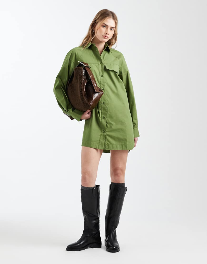 ASOS DESIGN - Langärmliges Mini-Hemdkleid in Olivgrün mit Taschen vorne-Orange von ASOS DESIGN