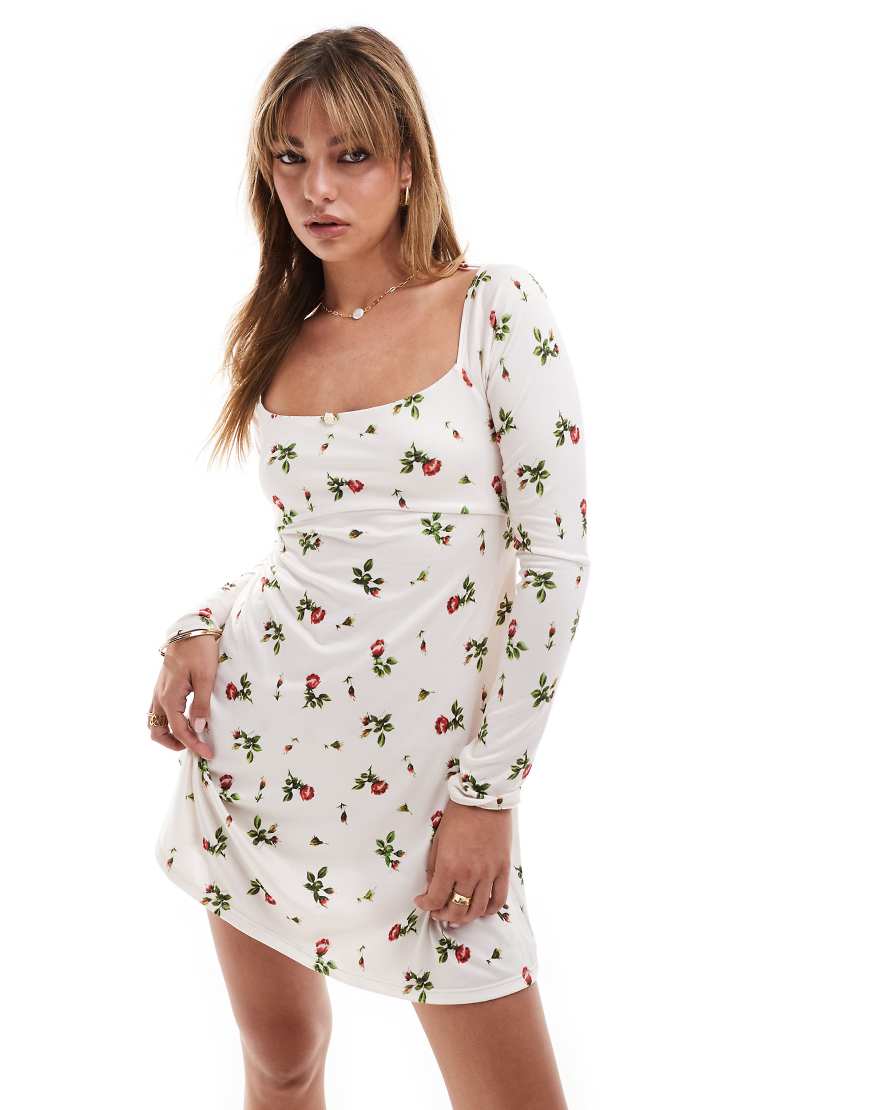 ASOS DESIGN - Langärmliges Minikleid in Weiß mit eckigem Ausschnitt, Rückenausschnitt und Blümchenmuster-Bunt von ASOS DESIGN