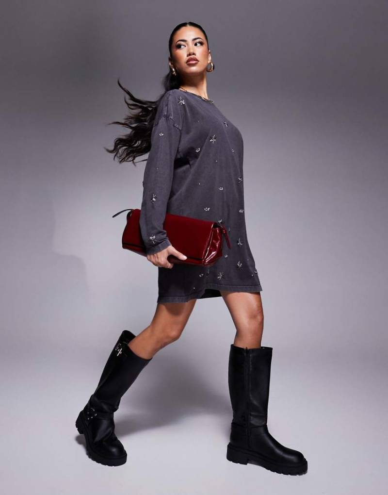 ASOS DESIGN - Langärmliges Minikleid in verwaschenem Grau mit Verzierung von ASOS DESIGN